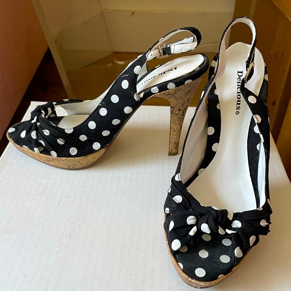 Black and White Polka Dot Sling Back Cork Heels